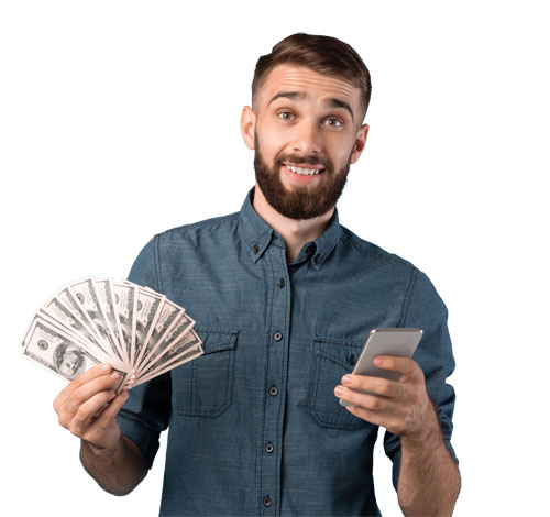 Online bank credit, lottery, casino. Happy young guy holding heap of money and smartphone on blue studio background
